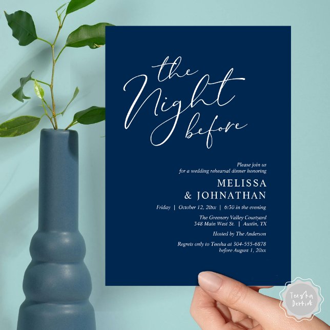 Convite A Noite Antes do Janto Romântico de Ensaio De Casa (The Night Before Romantic Modern Wedding Rehearsal Dinner Aesthetic Invites PDF Classy Navy Blue)