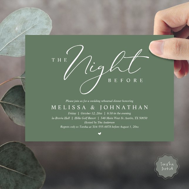 Convite A Noite Antes do Janto Romântico de Ensaio De Casa (The Night Before, Romantic Wedding Rehearsal Dinner Invitation Card, PDF, in Forest Sage Green)