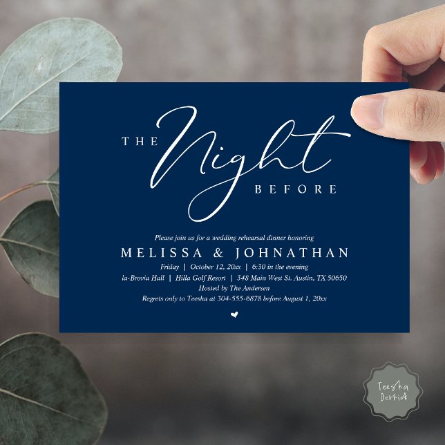 Convite A Noite Antes do Janto Romântico de Ensaio De Casa (The Night Before, Romantic Wedding Rehearsal Dinner Invitation Card, PDF, in Navy Blue)