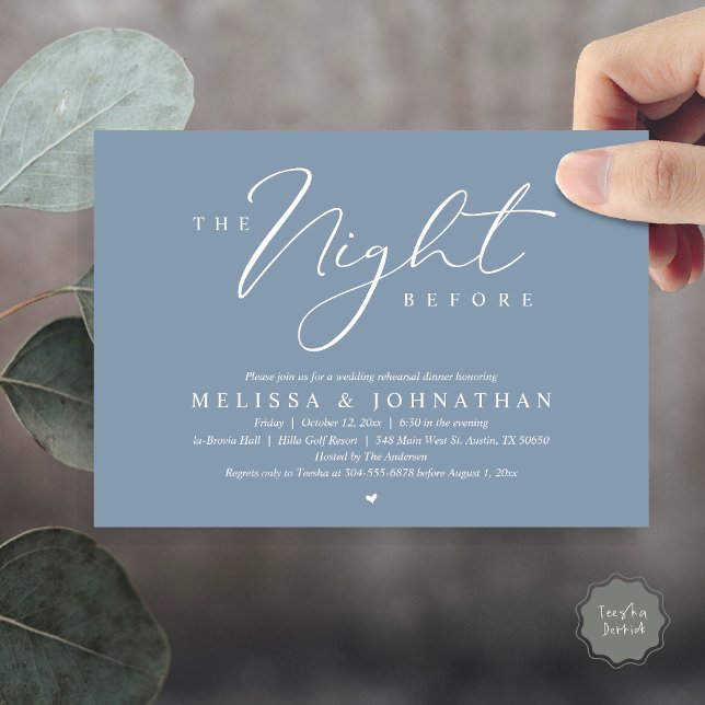 Convite A Noite Antes do Janto Romântico de Ensaio De Casa (The Night Before, Romantic Wedding Rehearsal Dinner Invitation Card, PDF, in Dusty Blue)