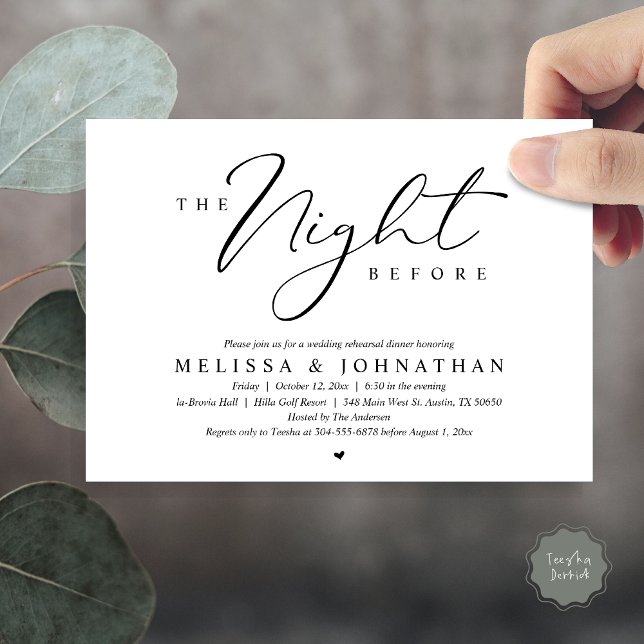 Convite A Noite Antes do Janto Romântico de Ensaio De Casa (The Night Before, Romantic Wedding Rehearsal Dinner Invitation Card, PDF, in Black and White)