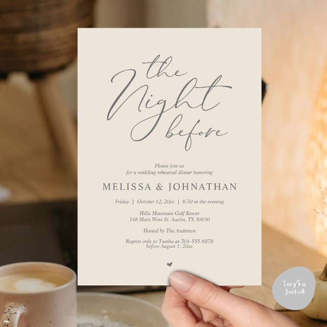 Convite A Noite Antes do Janto Romântico de Ensaio De Casa (Classy Romance, The Night Before Wedding Rehearsal Dinner Invitation Card, PDF, in Cream Grey)