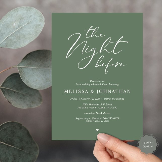 Convite A Noite Antes do Janto Romântico de Ensaio De Casa (Classy Romance, The Night Before Wedding Rehearsal Dinner Invitation Card, PDF, in Forest Sage Green)