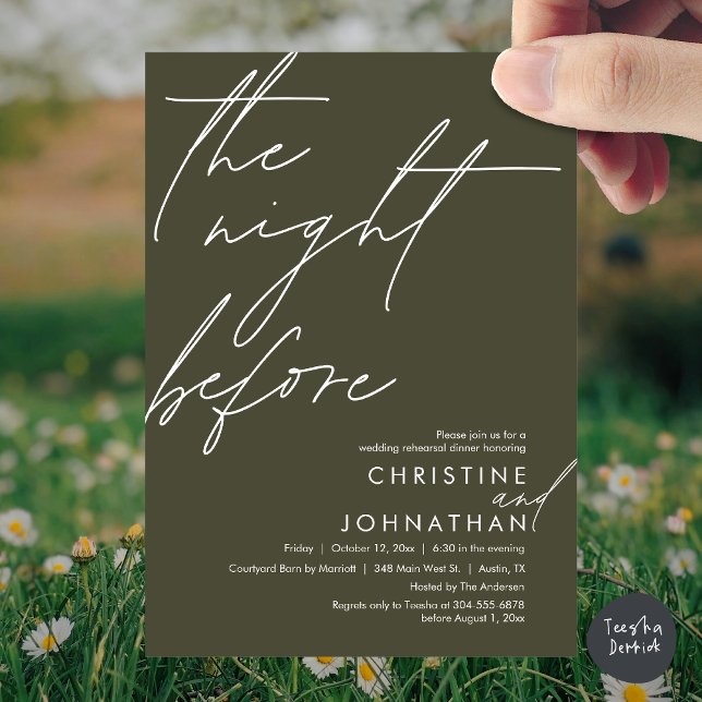 Convite A Noite Antes do Janto Romântico de Ensaio De Casa (The Night Before Romantic Wedding Rehearsal Dinner Invitation Card, PDF, in Olive Green)