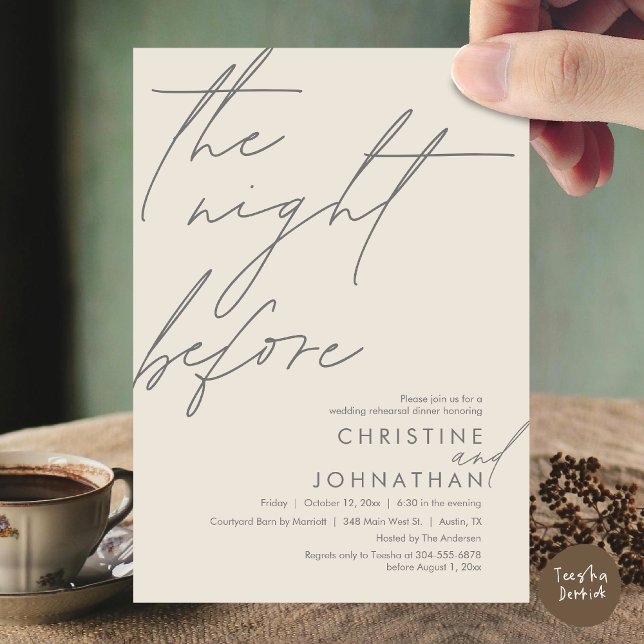 Convite A Noite Antes do Janto Romântico de Ensaio De Casa (The Night Before Romantic Wedding Rehearsal Dinner Invitation Card, PDF, in Cream Grey)