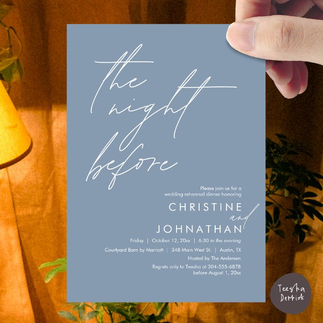 Convite A Noite Antes do Janto Romântico de Ensaio De Casa (The Night Before Romantic Wedding Rehearsal Dinner Invitation Card, PDF, in Dusty Blue)