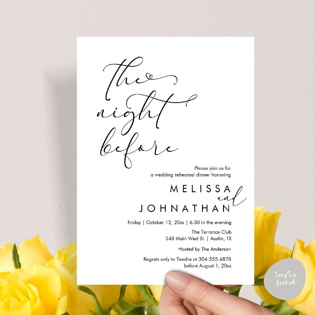 Convite A Noite Antes do Janto Romântico de Ensaio De Casa (The Night Before, Romantic Wedding Rehearsal Dinner Invitation Card, PDF, Black White)