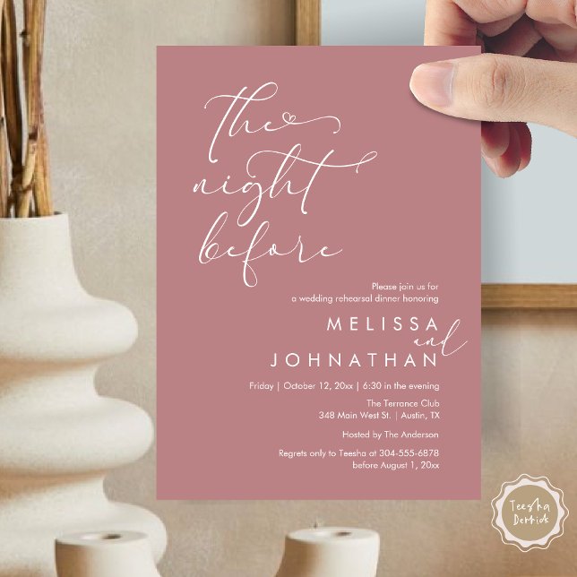 Convite A Noite Antes do Janto Romântico de Ensaio De Casa (The Night Before, Romantic Wedding Rehearsal Dinner Invitation Card, PDF, Dusty Rose Pink)