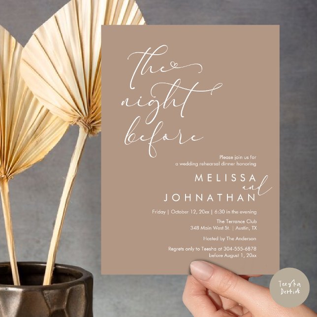 Convite A Noite Antes do Janto Romântico de Ensaio De Casa (The Night Before, Romantic Wedding Rehearsal Dinner Invitation Card, PDF, Warm Taupe Brown Boho Chic)