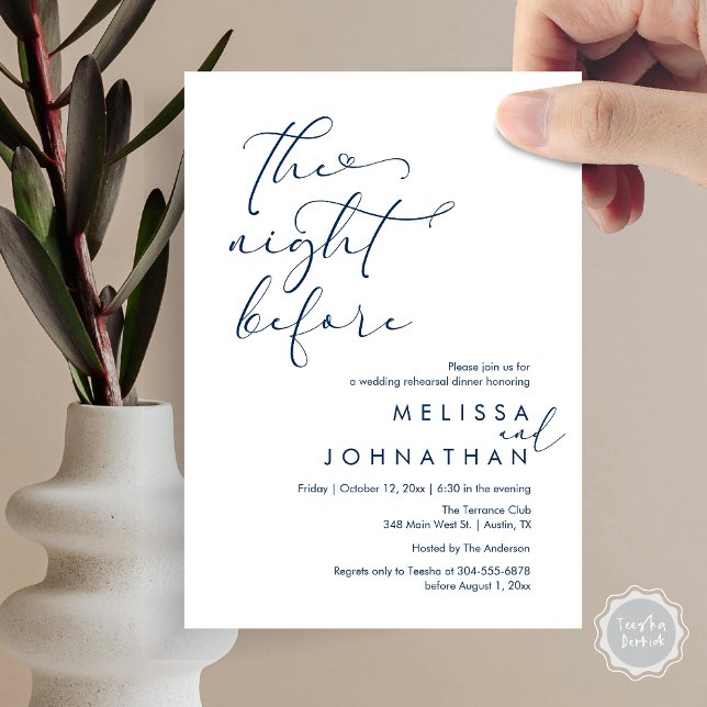 Convite A Noite Antes do Janto Romântico de Ensaio De Casa (The Night Before, Romantic Wedding Rehearsal Dinner Invitation Card, PDF, Navy Blue)