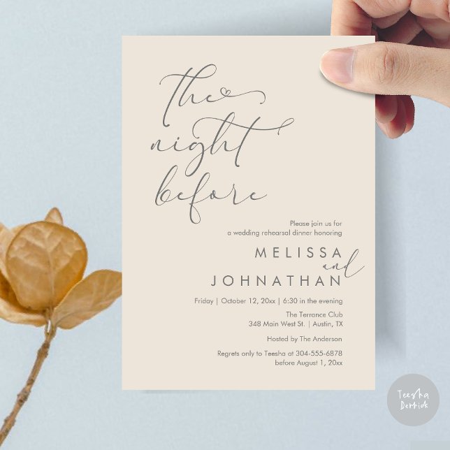 Convite A Noite Antes do Janto Romântico de Ensaio De Casa (The Night Before, Romantic Wedding Rehearsal Dinner Invitation Card, PDF, Cream Grey)
