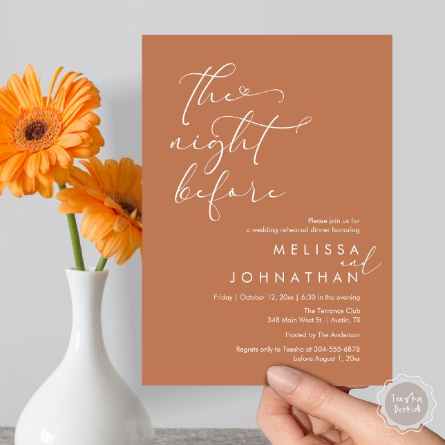 Convite A Noite Antes do Janto Romântico de Ensaio De Casa (The Night Before, Romantic Wedding Rehearsal Dinner Invitation Card, PDF, Copper Brown)