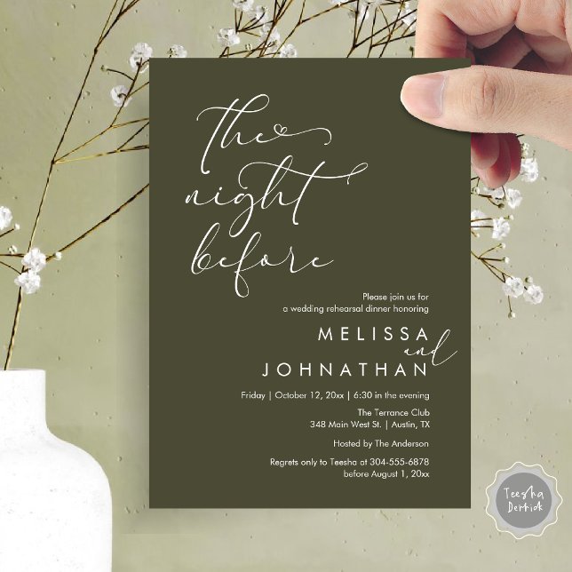 Convite A Noite Antes do Janto Romântico de Ensaio De Casa (The Night Before, Romantic Wedding Rehearsal Dinner Invitation Card, PDF, Olive green)