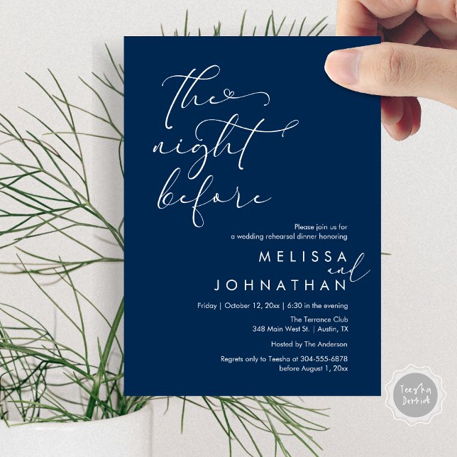 Convite A Noite Antes do Janto Romântico de Ensaio De Casa (The Night Before, Romantic Wedding Rehearsal Dinner Invitation Card, PDF, Navy Blue)