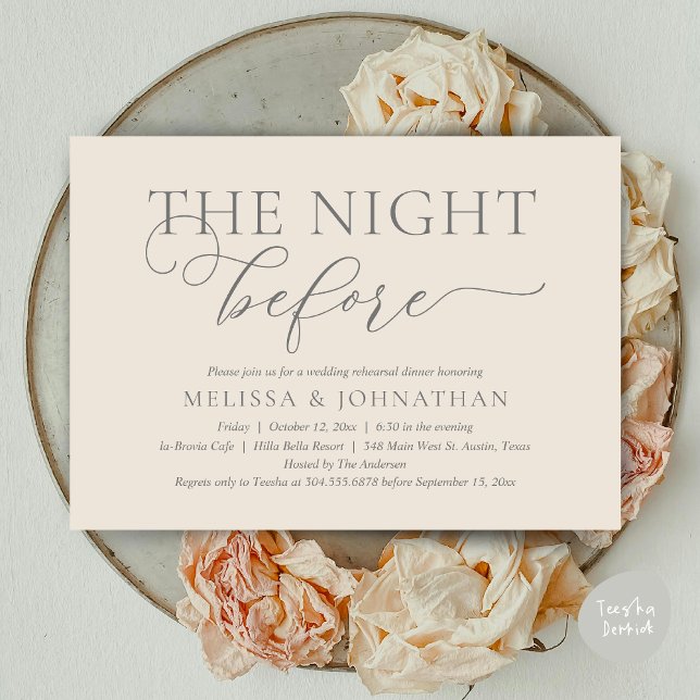 Convite A Noite Antes do Janto Romântico de Ensaio De Casa (The Night Before, Romantic Wedding Rehearsal Dinner Invitation Card, PDF, Cream Grey)