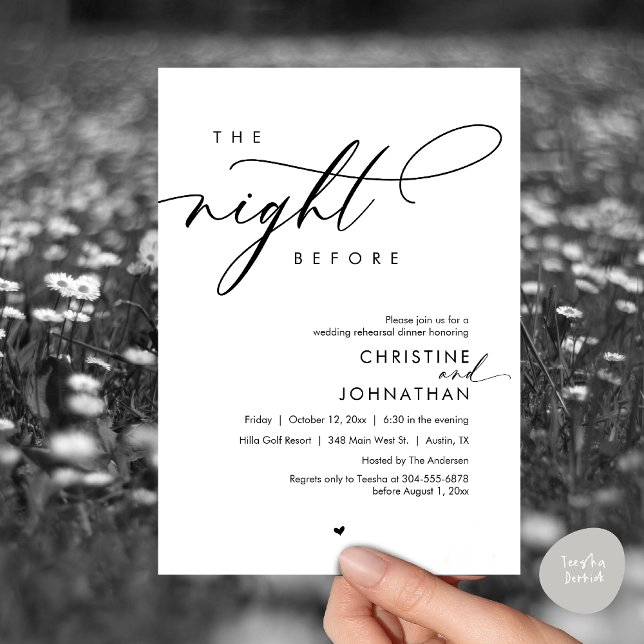 Convite A Noite Antes do Janto Romântico de Ensaio De Casa (The Night Before, Modern Romantic Wedding Rehearsal Dinner Invitation Card, PDF, In Black and White)