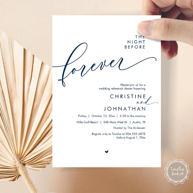 Convite A Noite Antes do Janto Romântico de Ensaio De Casa (The Night Before Forever, Romantic Wedding Rehearsal Dinner Invitation Card, PDF, In Navy Blue)