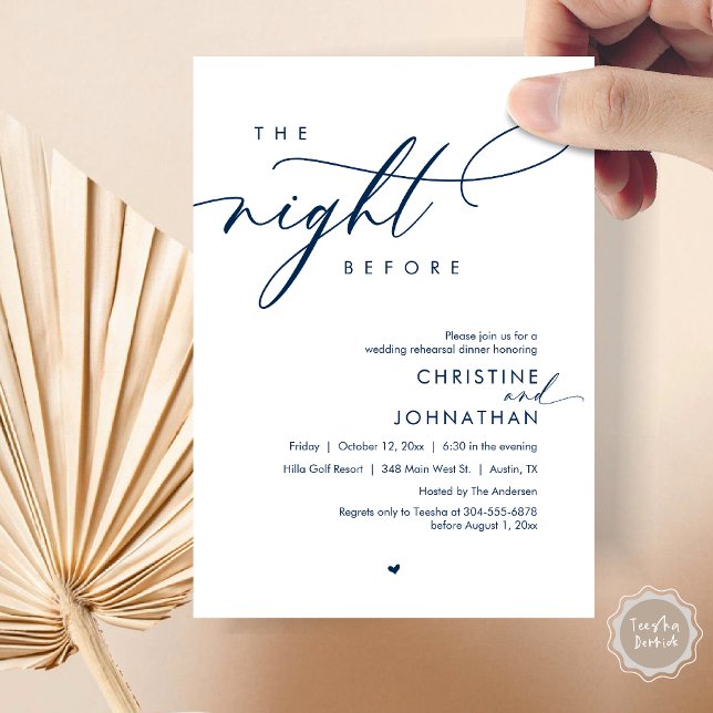 Convite A Noite Antes do Janto Romântico de Ensaio De Casa (The Night Before, Modern Romantic Wedding Rehearsal Dinner Invitation Card, PDF, In Navy Blue)