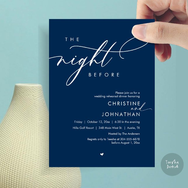 Convite A Noite Antes do Janto Romântico de Ensaio De Casa (The Night Before, Modern Romantic Wedding Rehearsal Dinner Invitation Card, PDF, In Navy Blue)