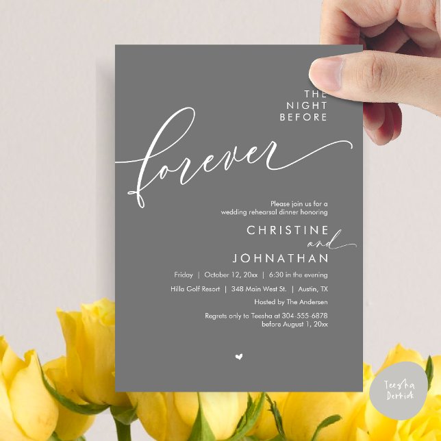 Convite A Noite Antes do Janto Romântico de Ensaio De Casa (Modern Romantic The Night Before Forever, Wedding Rehearsal Dinner Invitation Card, PDF, Dark Grey)