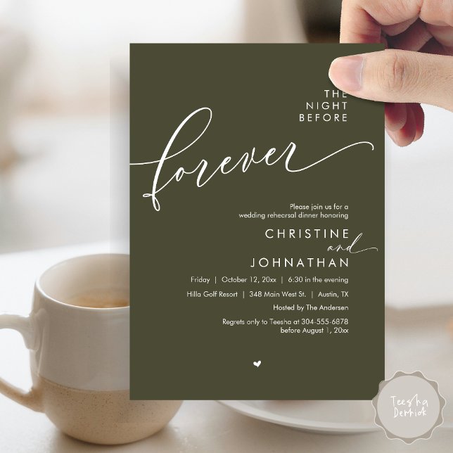 Convite A Noite Antes do Janto Romântico de Ensaio De Casa (Modern Romantic The Night Before Forever, Wedding Rehearsal Dinner Invitation Card, PDF, Olive Green)