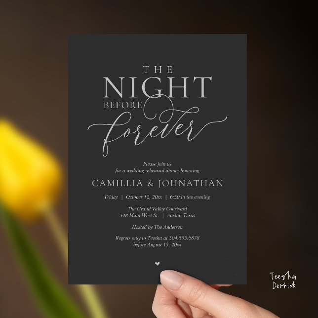 Convite “A Noite Antes do Para Sempre” Grafite Prateado   (“The Night Before Forever” Charcoal Gray and silver Rehearsal Invitation Card)