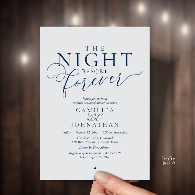 Convite “A Noite Antes do Para Sempre” Jantar de Ensaio Mo (“The Night Before Forever” Modern classy minimalist Rehearsal Dinner Invitation Card navy blue grey)