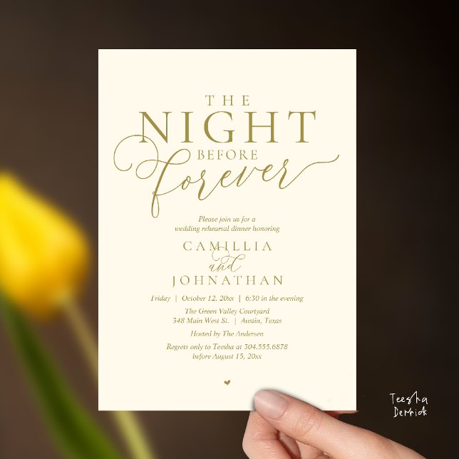 Convite “A Noite Antes do Para Sempre” Jantar de Ensaio Mo (“The Night Before Forever” Modern classy minimalist Rehearsal Dinner Invitation Card yellow gold)