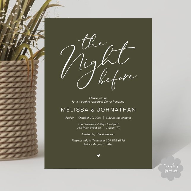 Convite A Noite Antes do Romântico Festa de Ensaio De Casa (The Night Before Romantic Modern Wedding Rehearsal Dinner Aesthetic Invites PDF Classy Olive Green)