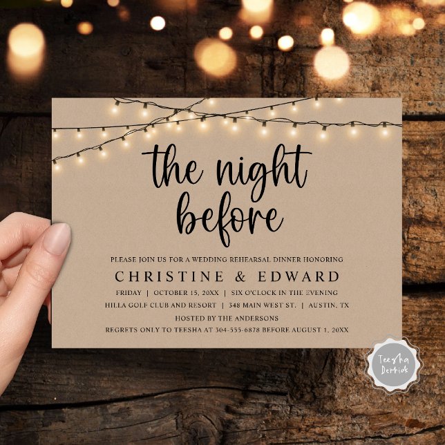 Convite A Noite Antes, Ensaio De Casamento, Brown Kraft (The Night Before, Wedding Rehearsal, Brown Kraft Invitation Card, with rustic cottage String Lights)
