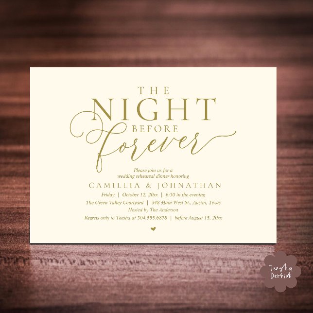 Convite “A Noite Antes para Sempre” Jantar de Ensaio Moder (“The Night Before Forever” Modern Classy Rehearsal Dinner Invitation card in yellow gold)