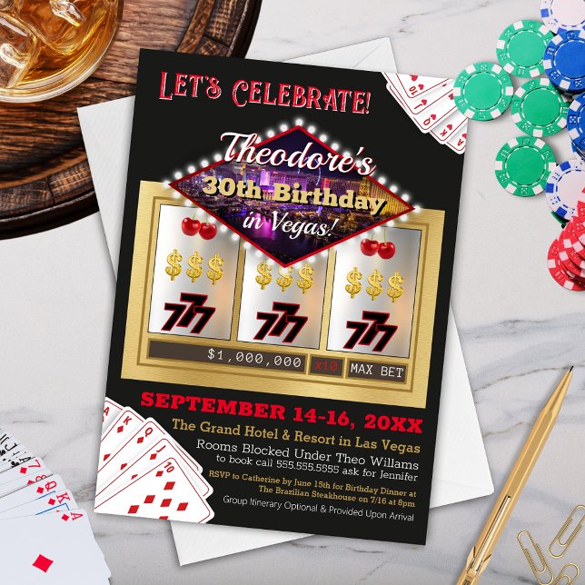 Convite à Noite de Aniversário de Las Vegas (Modern Las Vegas Desination Casino Theme Birthday Party Invitation for Him or Her)