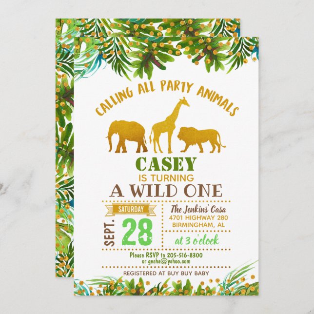 Convite à Noite de Dourado Safari Animal (Frente/Verso)