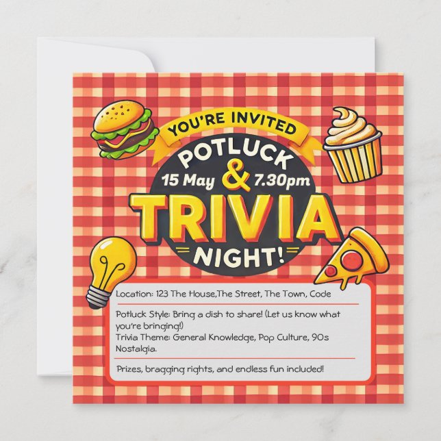 Convite A noite de Potluck e Trivia convidam por pote (Frente)
