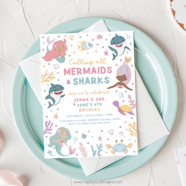 Convite à Noite de Sereia e Tubarão (Mermaid and Shark Birthday Invitation)