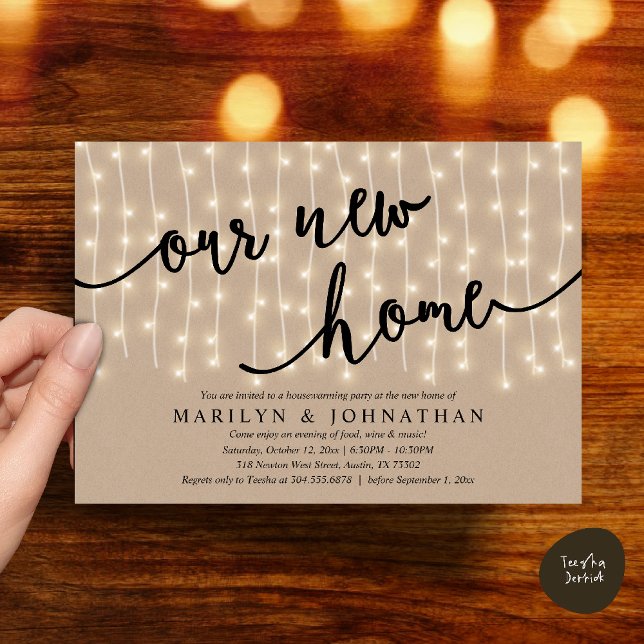 Convite A nossa nova casa, festa russa do lar (Our new home, Rustic Housewarming party Invitation Card PDF Cottage String Light brown Kraft)