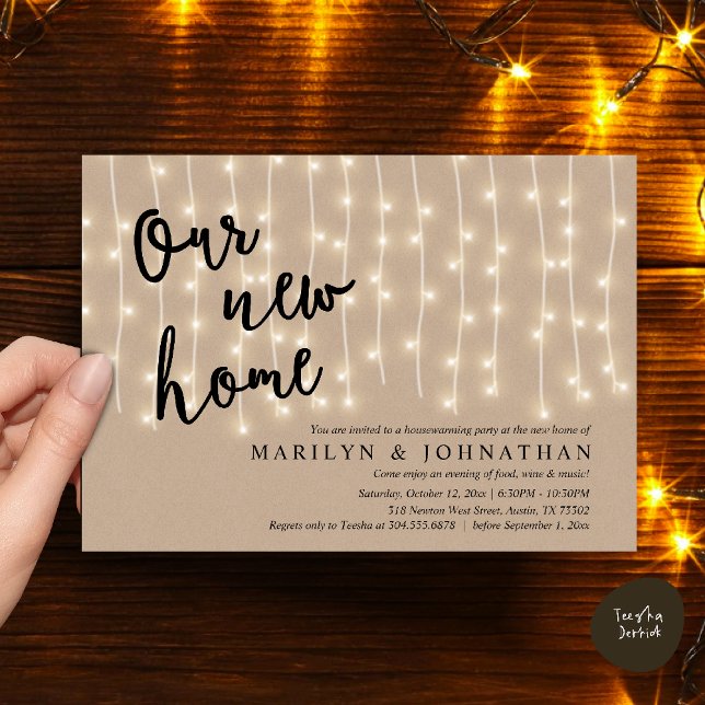 Convite A nossa nova casa, festa russa do lar (Our new home, Rustic Housewarming party Invitation Card PDF Cottage String Light brown Kraft)