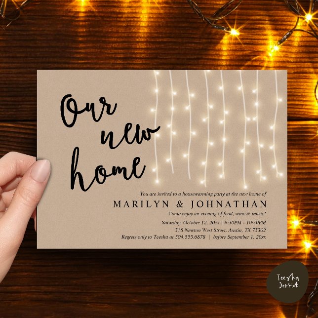 Convite A nossa nova casa, festa russa do lar (Our new home, Rustic Housewarming party Invitation Card PDF Cottage String Light brown Kraft)