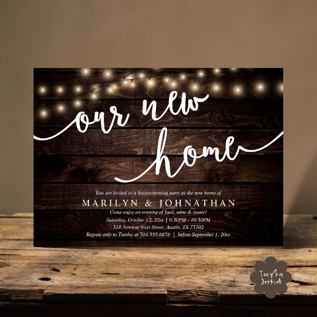 Convite A nossa nova casa, festa russa do lar (Our new home, Rustic Housewarming party Invitation Card PDF Cottage String Light brown wood)