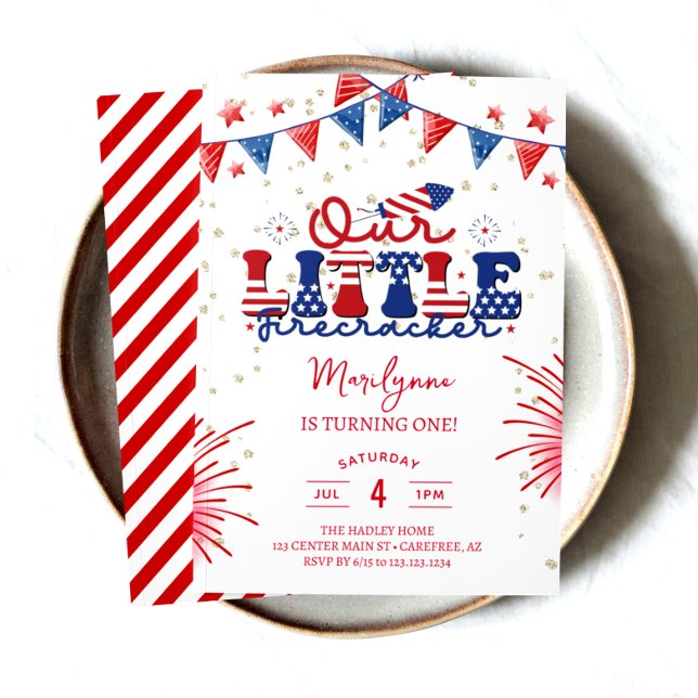 Convite A nossa pequena festa de primeiro aniversario do F (1st birthdaykids children childred white blueindependence day 4th of julysummer birthdaysfireworkspa)