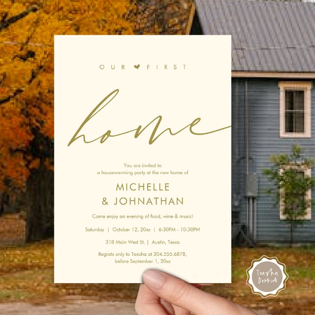 Convite A nossa primeira casa, festa do Aquecimento Domést (Our first home, Housewarming party celebration Invitation Card, in Classy Gold)