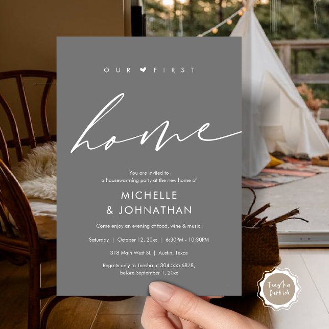 Convite A nossa primeira casa, festa do Aquecimento Domést (Our first home, Housewarming party celebration Invitation Card, in Dark Grey)