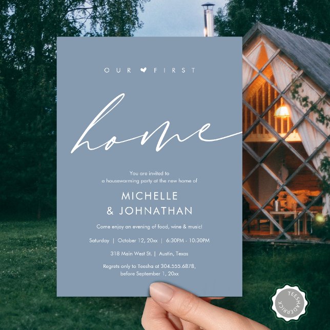 Convite A nossa primeira casa, festa do Aquecimento Domést (Our first home, Housewarming party celebration Invitation Card, in Dusty Blue)