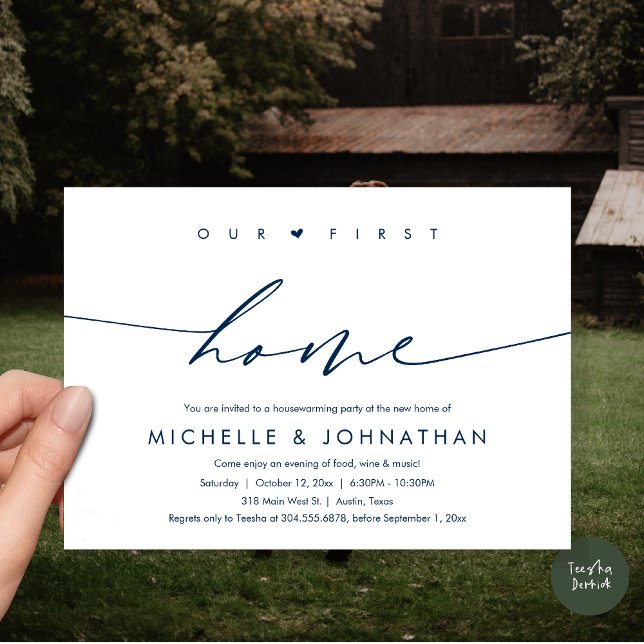 Convite A nossa primeira casa, festa do Aquecimento Domést (Our first home, Housewarming party celebration Invitation Card, PDF, in navy blue)