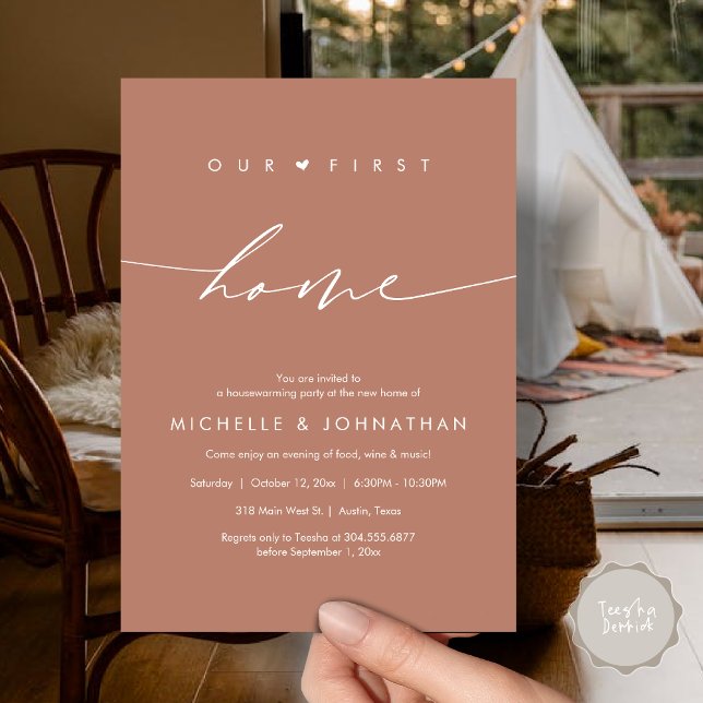 Convite A nossa primeira casa, festa do Aquecimento Domést (Our first home, Housewarming party celebration Invitation Card, PDF, terracotta earthy brown)