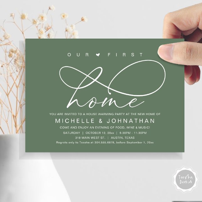 Convite A nossa primeira festa de lar moderno (Our First Home, New Housewarming Party Invitation Card, PDF, Modern Romantic Script, Sage Green)