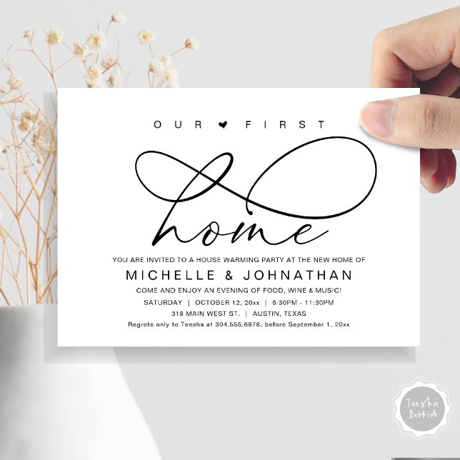 Convite A nossa primeira festa de lar moderno (Our First Home, New Housewarming Party Invitation Card, PDF, Modern Romantic Script, Black and White)