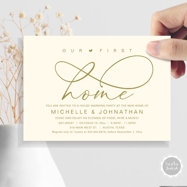 Convite A nossa primeira festa de lar moderno (Our First Home, New Housewarming Party Invitation Card, PDF, Modern Romantic Script, Classy Gold)