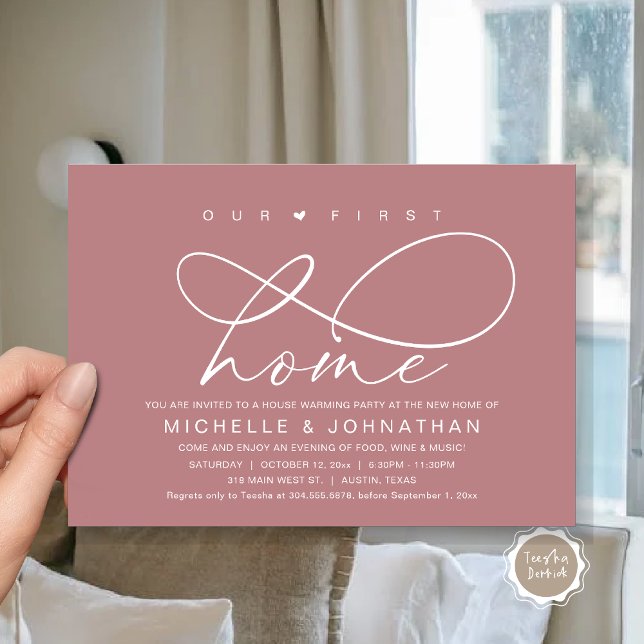 Convite A nossa primeira festa de lar moderno (Our First Home, New Housewarming Party Invitation Card, PDF, Modern Romantic Script, Dusty Rose Pink)