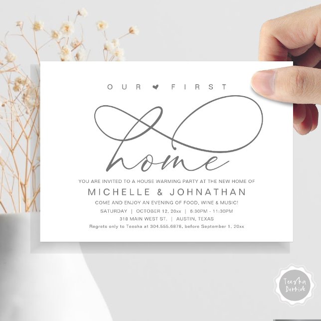Convite A nossa primeira festa de lar moderno (Our First Home, New Housewarming Party Invitation Card, PDF, Modern Romantic Script, Dark Grey)